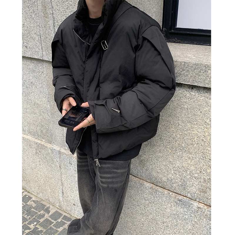 Autumn and winter deconstructed warm and thickened stand-up collar cotton coat with metal ring buckle for men and women short cotton coat