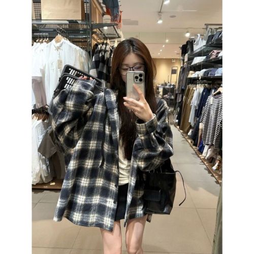 Retro lazy style contrasting color long-sleeved plaid shirt jacket women's autumn loose casual hooded top for small people
