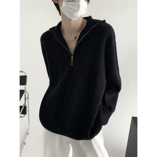 Niche half-zip hooded sweater men's solid color lazy high-end autumn and winter knitted cardigan jacket