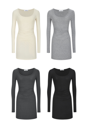 Pure sexy sexy round neck tight-fitting slim pleated long-sleeved bottoming dress with hip-hugging short skirt