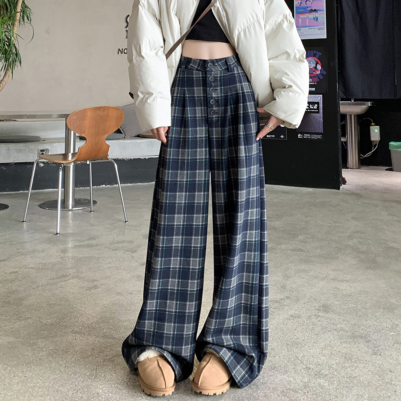 Retro tartan casual pants for women, loose, lazy style, buttoned wide-leg floor-length walking pants