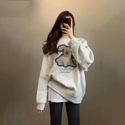 Round neck floral gray long-sleeved sweatshirt for women, niche design, lazy casual top