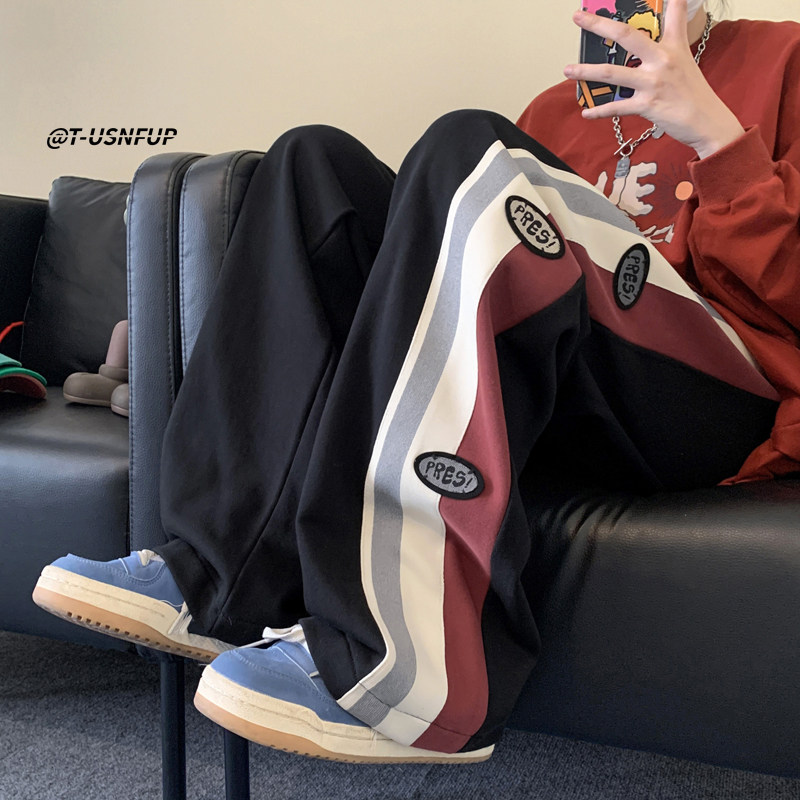 @23 New autumn Hong Kong style high-quality color-blocked straight casual pants