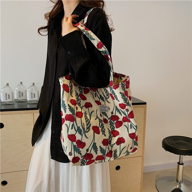 New Tote Bag Large Capacity Floral Canvas Shoulder Bag Portable Female Student Shopping Bag Wholesale