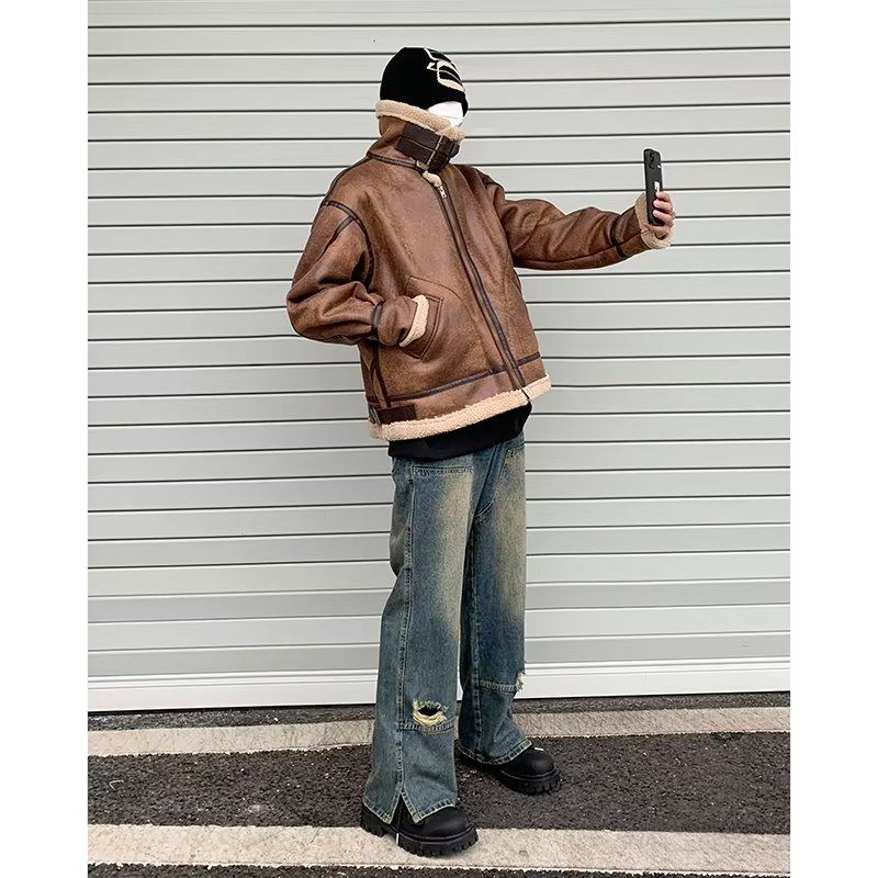 Suede cotton coat men's trendy brand workwear high street ins lamb wool thickened cotton clothing trendy autumn and winter loose coat
