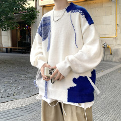 Destructive color block sweater men's autumn and winter lazy knitted sweater oversize top