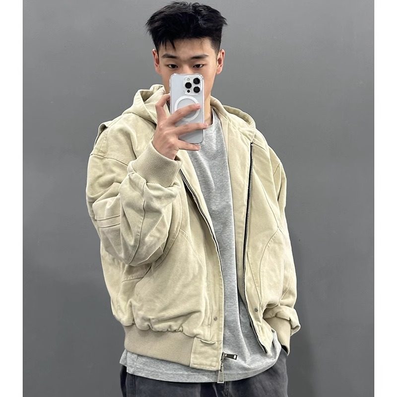 Khaki short coat men's autumn and winter American retro workwear hooded baseball uniform high-end Harrington jacket