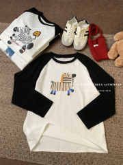 2024 autumn and winter cartoon brushed long-sleeved T-shirt for women with contrasting color raglan sleeve bottoming shirt top