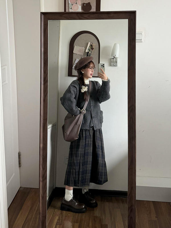 Retro forest style round neck knitted sweater cardigan + earring lace inner + plaid skirt
