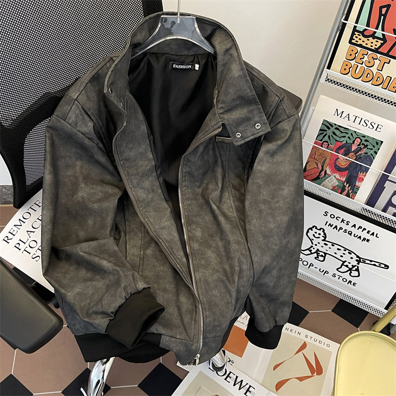 American retro leather jackets for men and women, spring and autumn motorcycle zipper trendy brand stand collar jackets for men and women