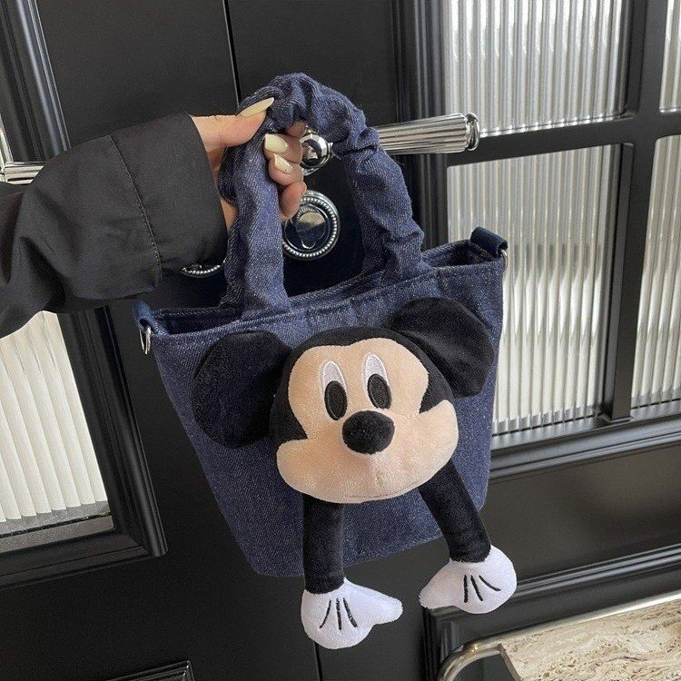Fashionable and cute Mickey portable bucket bag for women 2024 new niche versatile messenger bag denim canvas small bag