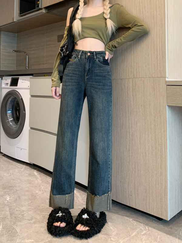High quality cuffed straight jeans autumn and winter retro high waist slim stretch cigarette pants for women