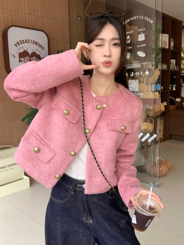 2024 new French style autumn and winter pink short and high-end thick woolen jacket
