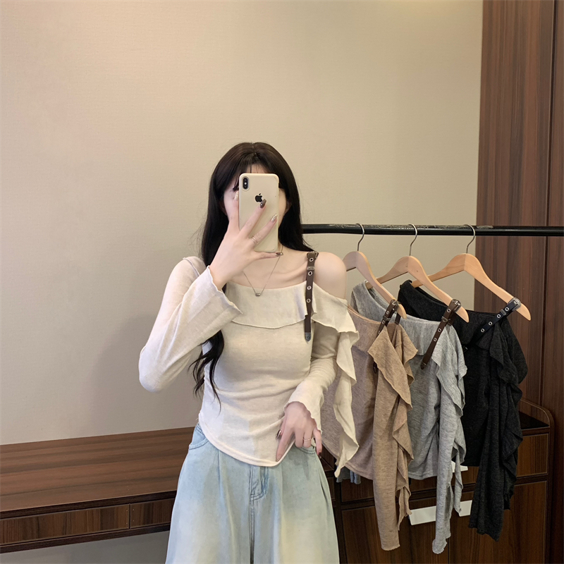 Irregular off-shoulder knitted sweater gathered ruffled belt long-sleeved top