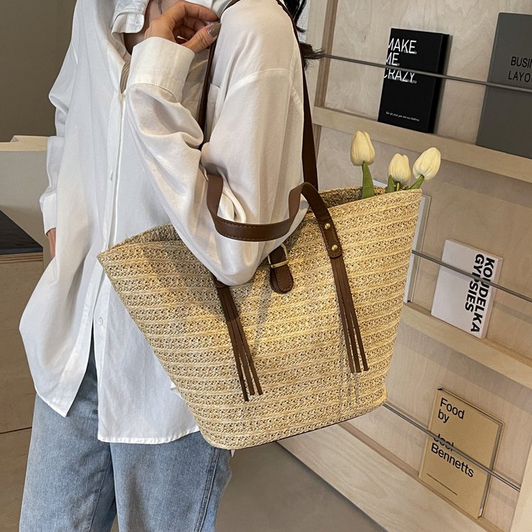 Straw large capacity bag women's bag woven summer beach women's 2024 new bag shoulder handheld tote bag large bag