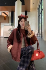 New winter cotton-padded clothes for women with stand-up collar, retro plush cuffs, spliced ​​loose cotton-padded clothes and jackets