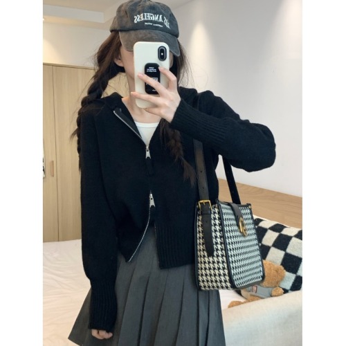 Zipper hooded knitted cardigan autumn and winter women's unique top super nice design niche sweater jacket