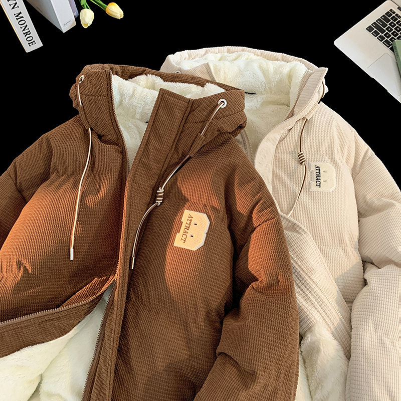 Winter youth corduroy hooded cotton coat trendy brand lamb wool plus velvet thickened cotton coat