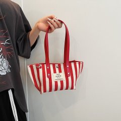 Niche Contrast Color Vertical Stripe Handbag Women's 2024 Spring and Summer Style Single Shoulder Underarm Bag Casual Crossbody Bag Canvas Bag