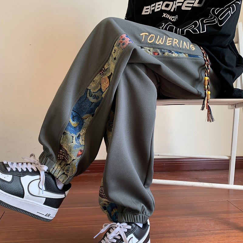 No price difference, autumn new bear embroidered patchwork pants for men, pineapple plaid, large size, high-end sweatpants