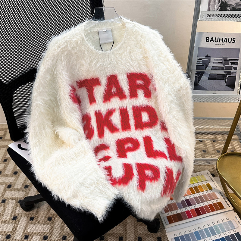 Letter mohair mink sweater men's winter American style national fashion brand loose lazy style loose couple knitted sweater top