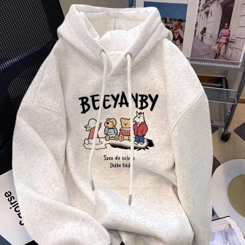 Hooded sweatshirt for women spring and autumn new loose plus velvet thin pullover hoodie autumn and winter ins