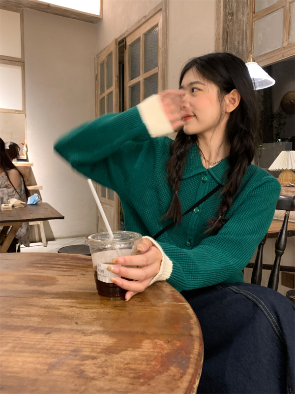 Retro waffle knitted cardigan women's short sweater jacket