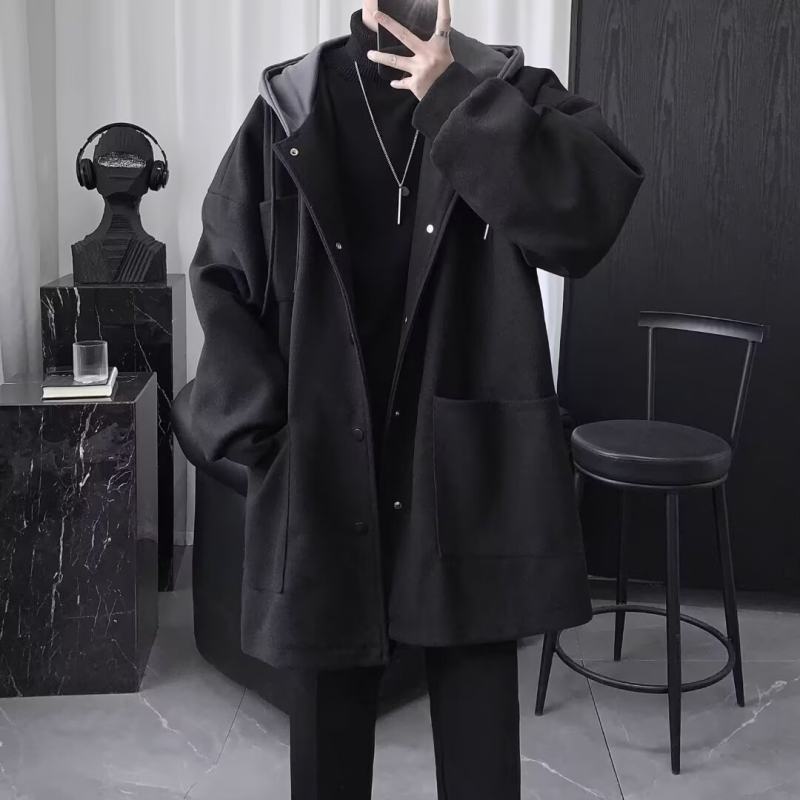 Internet picture Trendy ins single-breasted dark style hooded mid-length woolen coat new style