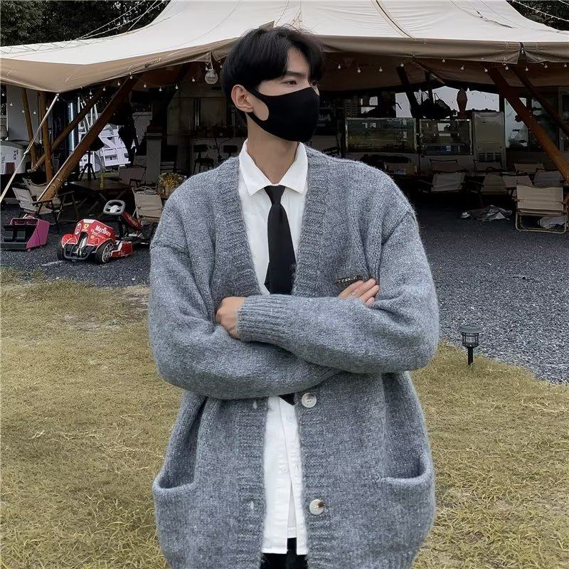 Retro lazy style V-neck cardigan knitted jacket gray knitted cardigan jacket men's lazy style American V-neck sweater