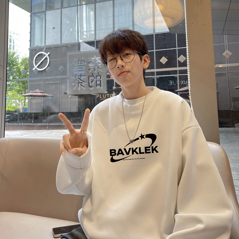 Waffle!  Waffle top men's round neck waffle sweatshirt men's large size long-sleeved t-shirt for men