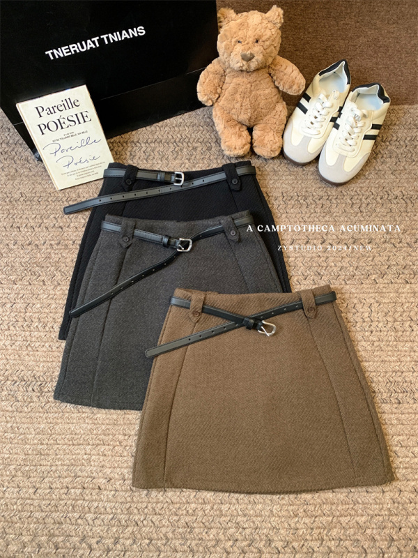 2024 versatile woolen skirt high waist slimming thickened anti-exposure A-line skirt with belt