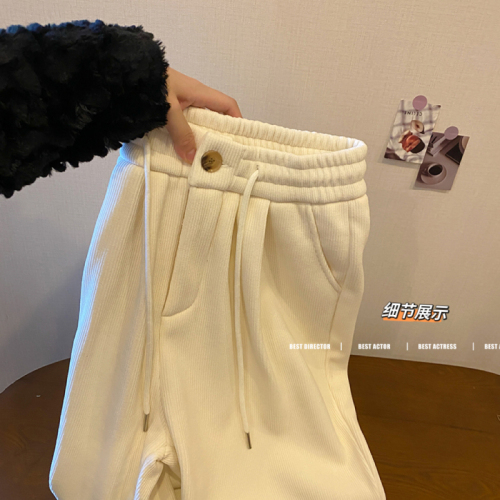 Women's Winter Korean Style High Waisted Slim Drawstring Granny Pants with Velvet and Thickening, Versatile Straight Leg Casual Pants