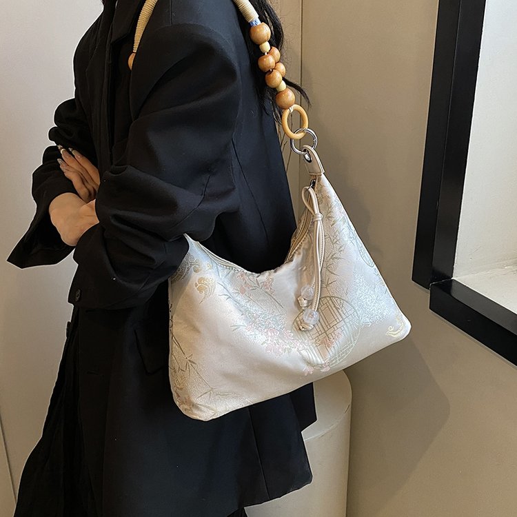 New Chinese Hanfu Embroidered Beaded Nanfeng Chio2nd Wooden Ancient Style Underarm Dumpling Bag Rose Handbag