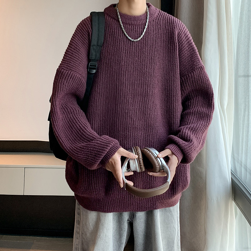 Autumn color block crew neck sweater men's American retro fashion brand loose winter sweater