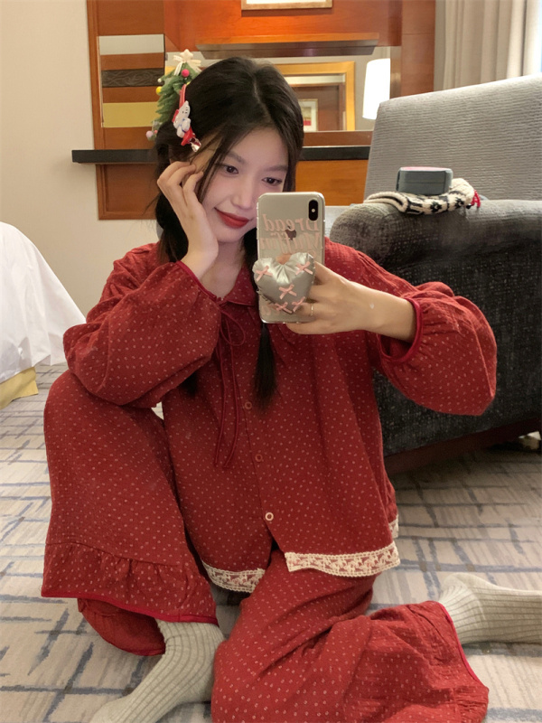 Palace style red floral cute lace doll collar home wear pajamas set