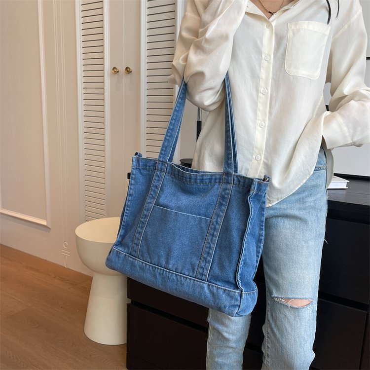 Street Trend New Denim Tote Bag Women's Fashion Simple Versatile Shoulder Bag Travel Casual Crossbody Bag Cross-Border