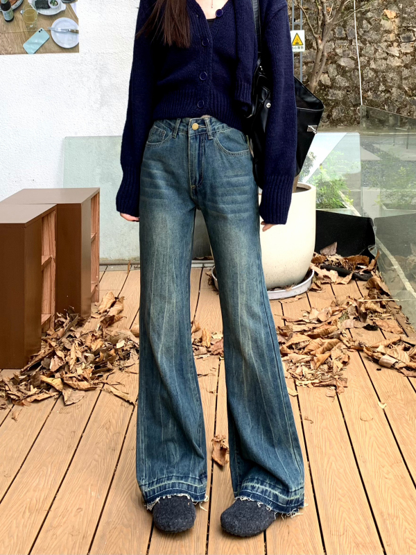 American retro bootcut jeans for women in fall, new high-waisted, loose, non-leg-fitting flared pants