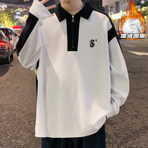 Plush fleece outdoor large size lapel printed long-sleeved T-shirt