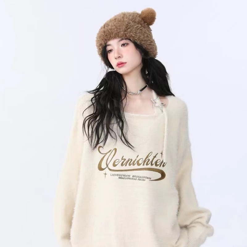 American retro letter embroidered pullover sweater for women in autumn and winter lazy style soft waxy knitted top
