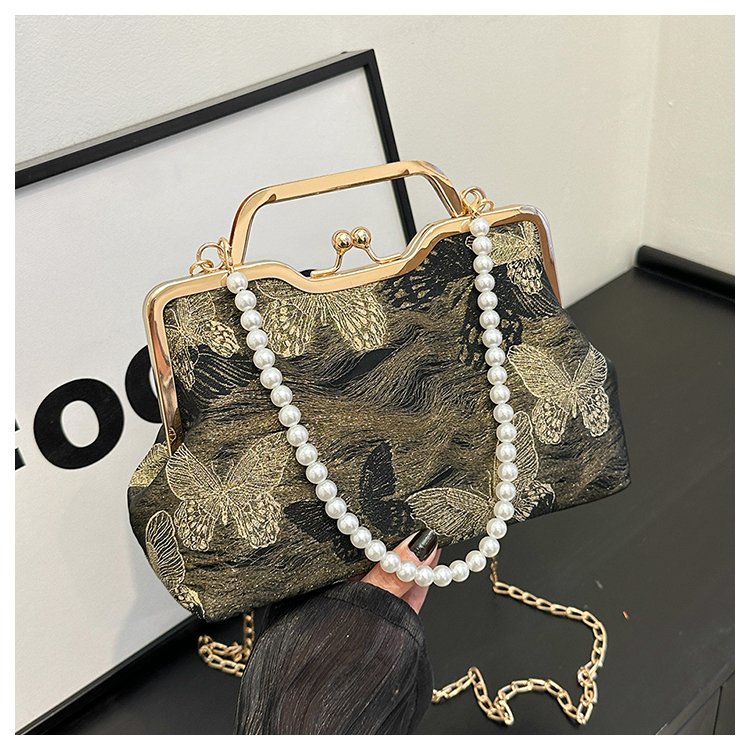 New Chinese style women's bag, new gold silk embroidery jacquard butterfly clip bag, antique pearl handbag cross-body