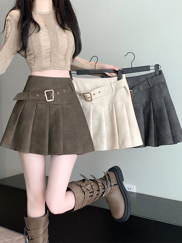 American hot girl pleated PU leather skirt for women high-waisted A-line slimming anti-exposure skirt