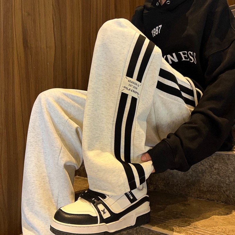 High quality Hong Kong style striped label casual pants for men straight wide leg pants for men