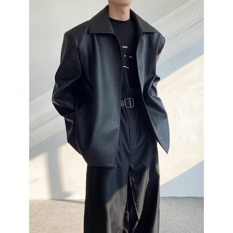Simple PU leather jacket men's spring and autumn new jacket trend-net picture