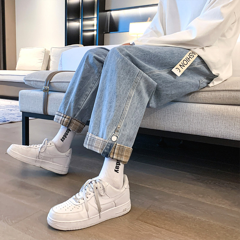 Spring Hong Kong style jeans with wide-leg legs and adjustable splicing, loose student nine-point pants trend