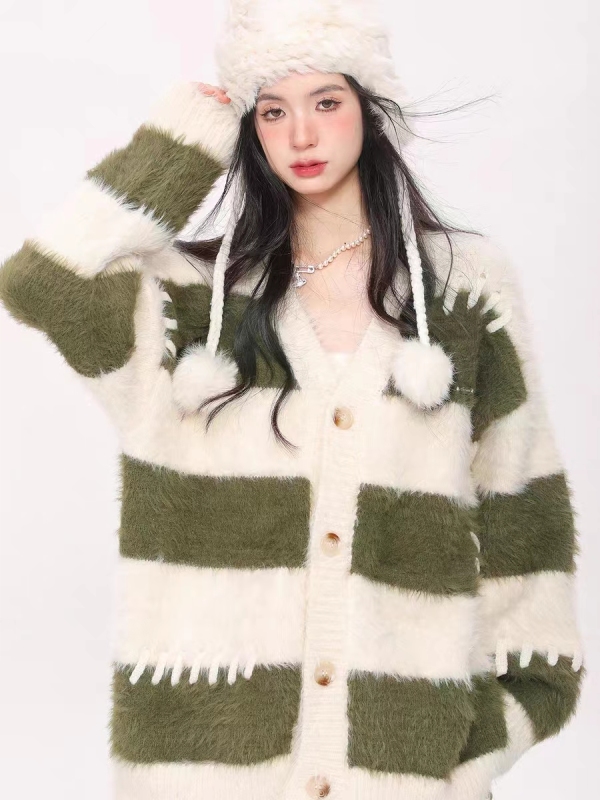 Korean college style striped contrasting cardigan sweater for women spring and autumn new imitation mink fur niche knitted sweater