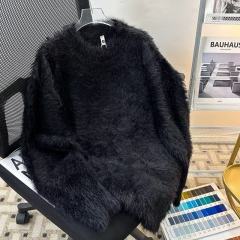 Autumn and winter furry warm round neck sweater men's American loose retro lazy loose casual solid color sweater