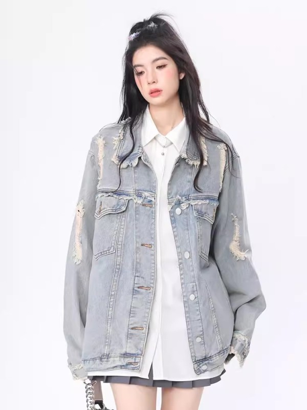 New style jacket, raw edge denim jacket, loose long-sleeved versatile slimming jacket