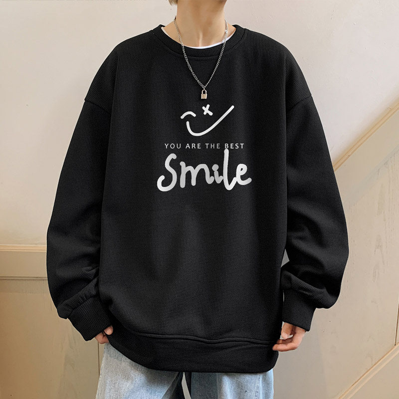 Waffle new fall men's round neck sweatshirt versatile long-sleeved top