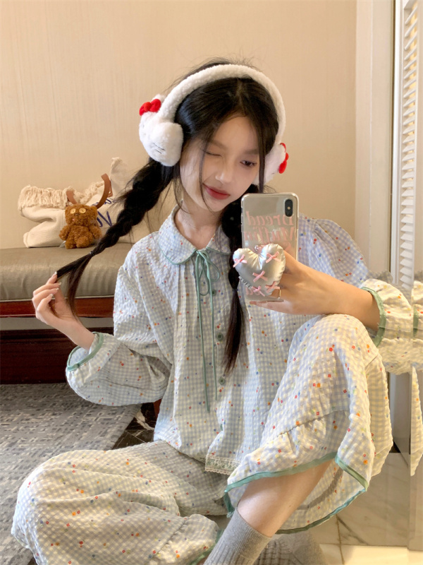 Cute floral plaid lace doll collar home wear pajamas set