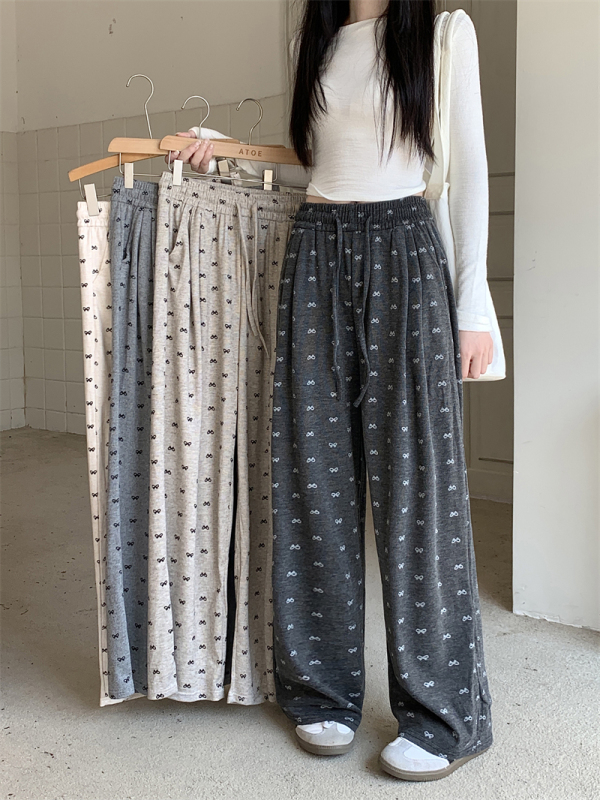 Lazy style bow gray casual pants women's high waist drapey wide leg pants loose walking pants floor mopping trousers